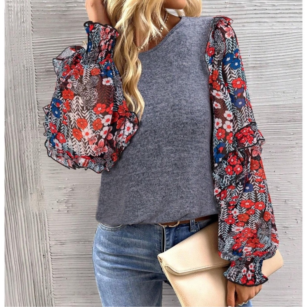Boho Floral Print Ruffle Long Sleeve Top S M L XL XXL